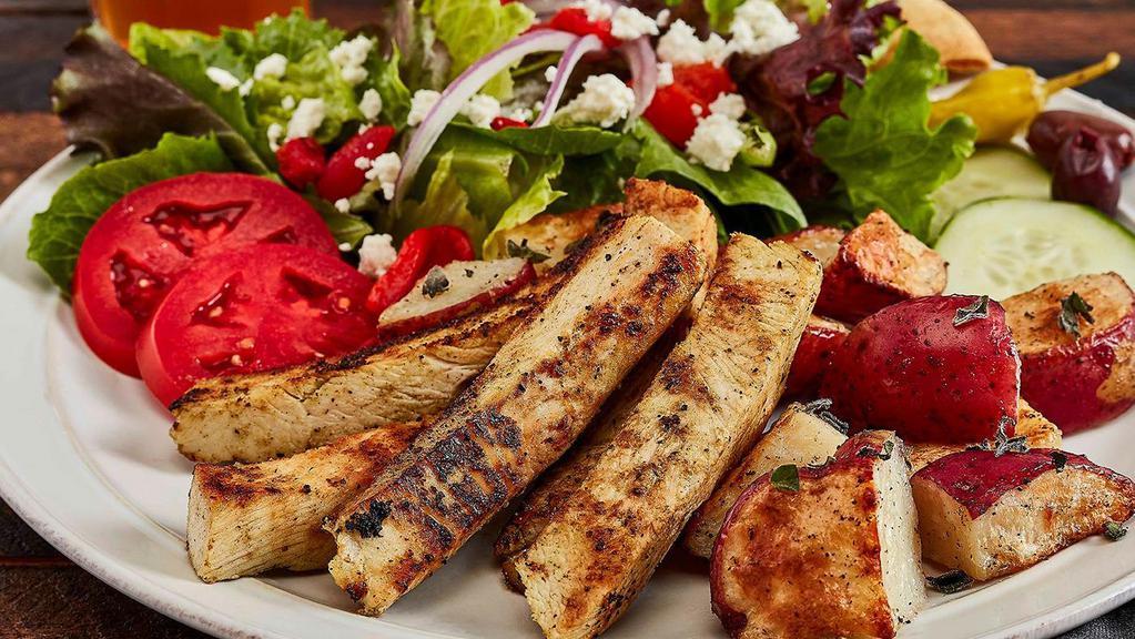 Grilled Chicken Breast Feast · Served with Taziki Sauce. (660 / 770 cal)