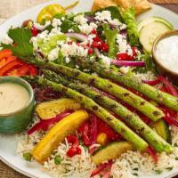 Grilled Veggies Feast · Grilled zucchini, squash, onion, red
peppers and asparagus served with
Taziki Sauce. (700 / ...