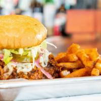 Fried Chicken Sandwich · Comes with sriracha aioli, pickle, and lettuce.