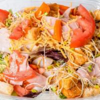 Chef Salad  · salad with ham and turkey , lettuce, tomato, cheese, croutons, sprouts, sunflower seeds, 
Sa...