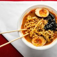 Spicy Miso · (Miso base,  pork broth and chili oil.)
Egg, bean sprouts, bamboo, spicy ground pork, choppe...