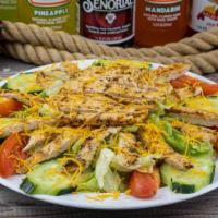 Chicken Salad · Crispy green lettuce topped with grilled chicken breast, tomato, cucumber, cheese your choic...