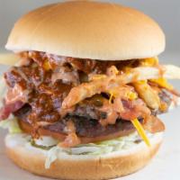 The Big Ben Burger · Two chargrilled burger patties dressed with lettuce, tomato, pickles, bacon, fry sauce, and ...