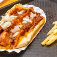 #6 Hot Dog With Cheese · Topped with your choice of BBQ sauce or chili and Cheddar on a bun.