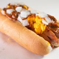 #7 Hot Dog · Topped with your choice of BBQ sauce or chili on a bun.