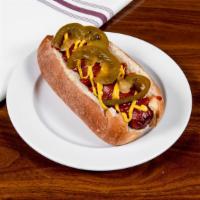 New York Hot Sausage · Jumbo hot sausage in a sub roll with ketchup, mustard, and sweet peppers.