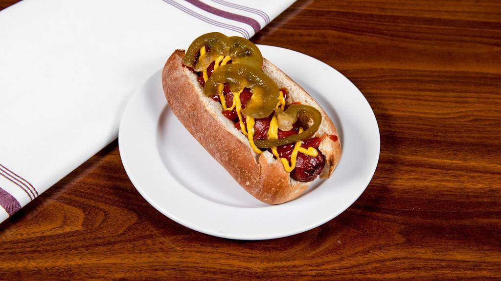 New York Hot Sausage · Jumbo hot sausage in a sub roll with ketchup, mustard, and sweet peppers.