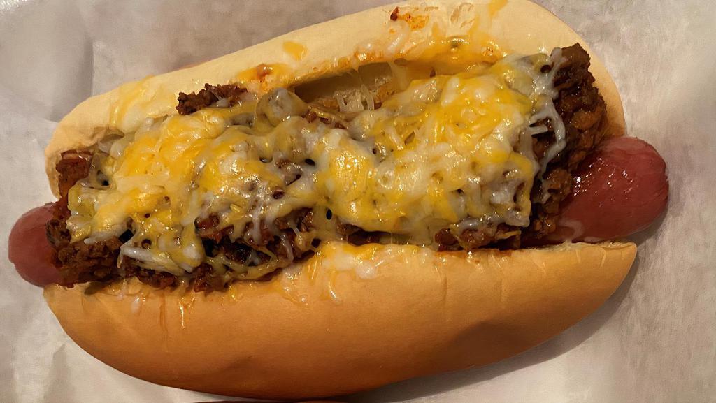Nathan’S All Beef Chili Dog · Nathans all beef hot dog served on martins potato bun with chili, cheese, onions, mustard, and ketchup.