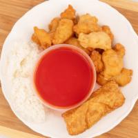 Sweet & Sour Chicken Or Pork · Served with egg roll and fried rice or white rice.