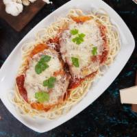 Eggplant Parmigiana · This sliced breaded Eggplant with Mozzarella cheese over the Spaghetti with Homemade Marinar...
