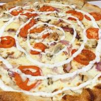Chicken Ranch Pizza · Ranch base, grilled chicken, onion, and tomato.