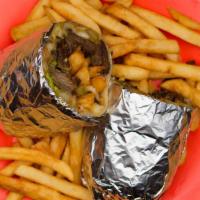 California Burrito -Asada · French fries, cheese, Carne Asada, guacamole and queso dip.