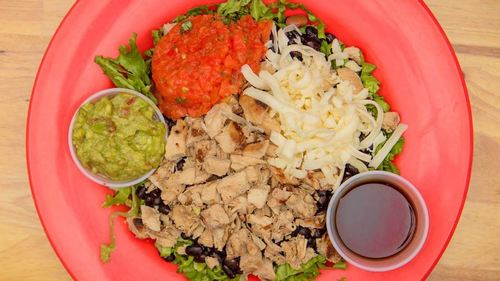 Grilled Chicken Bowl · Rice, beans, lettuce, pico, cheese, meat.