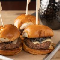 Beef Sliders · three per order, juicy USDA choice slider patties, bacon onion jam, white cheddar, garlic ai...