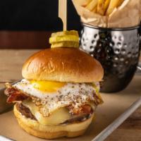 All Nighter · USDA Choice beef cooked medium-well, sunny egg, house-made spicy candied bacon, white chedda...