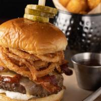 Bourbon Bbq Burger · USDA Choice beef cooked medium-well, house-made bourbon bbq sauce, white cheddar, cream chee...