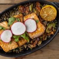 Seared Salmon · Atlantic salmon, kale and quinoa blend, shredded brussels sprouts, bacon, arugula, radishes,...