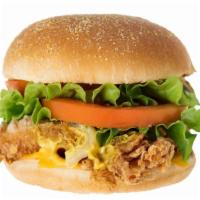 Fried Chicken Burger · Fried breaded boneless breast of chicken with tomatoes, lettuce, and American cheese.