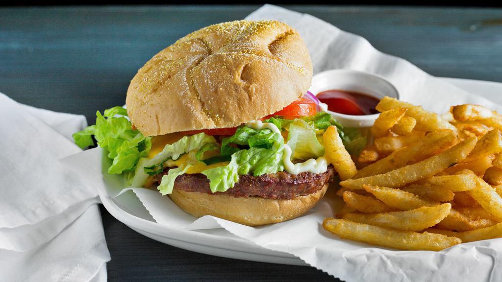 Hamburger · Half pound Angus Patty served with crispy fries, lettuce, tomato, onion, and mayonnaise on Kaiser bun.