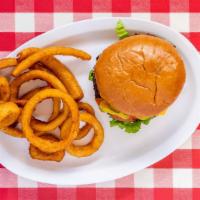 Cheeseburger · 1/4 lb au jus burger grilled with salt and pepper with a slice of American cheese topped wit...