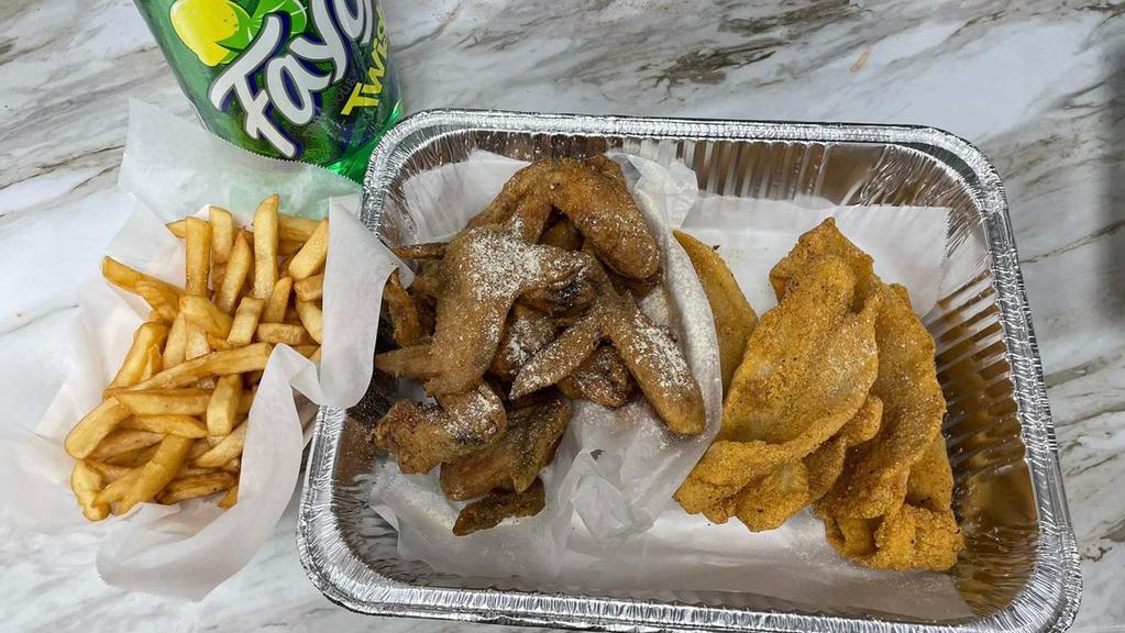 20 Whole Wings & 8 Catfish Fillet · 20 Whole Wings & 8 Catfish Fillet Served with Family Seasoned Fries & 2 Liter Soda
