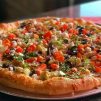 Large Farmers Market · Classic Red Sauce, Artichoke Hearts, Mushrooms, Caramelized Bell Peppers and Onions, Black O...