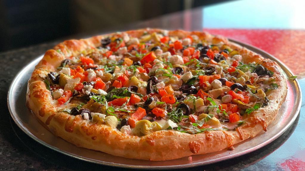 Farmers Market · Classic red sauce, artichoke hearts, mushrooms, caramelized bell peppers and onions, black olives, spinach, roma tomatoes, and feta cheese.