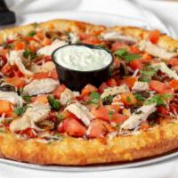 Fire Roasted Chicken · Award winner. Chipotle sauce, caramelized peppers and onions, roma tomatoes, and Asiago chee...