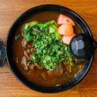 Hongkong Style Wonton Noodle Soup · Pork & shrimp wonton, bokchoy, scallion.