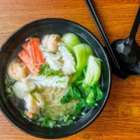 Seafood Noodle Soup · Shrimp, squid, scallops, crabmeat, bokchoy, scallion bokchoy.