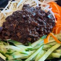 Cha Chiang Mein · ground pork, cucumber, carrots, bean sprouts dry tofu, bamboo shoots and onion in soybean pa...