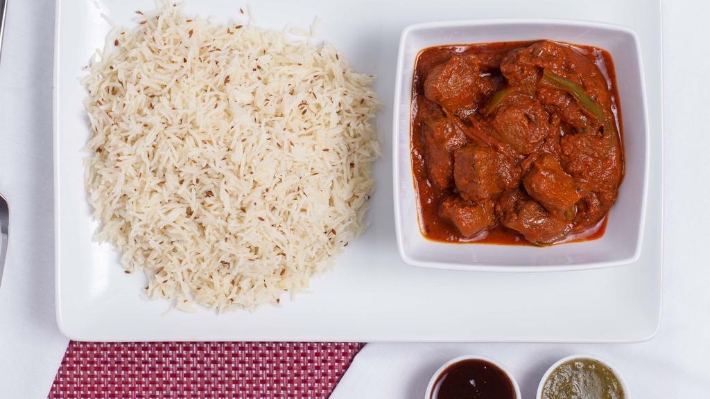Chili Lamb · Lamb prepared with green chili, ginger, onions, tomatoes, and special indian spices. Served with basmati rice.