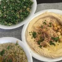 Large Zamzamz Sampler · Serves five to seven. Hummus, baba ghanoush, six falafel, tabouli, and six pita. Served with...