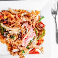 Arroz Con Pollo · A bed of rice topped with your choice of meat, grilled bell peppers, onions and tomatoes, an...