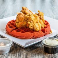 Fried Lobster Tail & Red Velvet Waffle  · Fried Lobster Tail with Red Velvet Waffle
