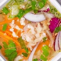 #18 Rice Soup. · Chopped chicken or pork broiled with mixed vegetables in clear broth.