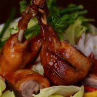 #39 Half Roasted Duck. · Half Roasted Duck in your choice of Thai BBQ sauce or Pineapple Red Curry sauce served on mi...