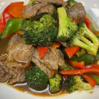 #52 Broccoli Beef. · A sumptuous platter of fresh broccoli, bell pepper, and beef, sautéed in our special Thai Ho...