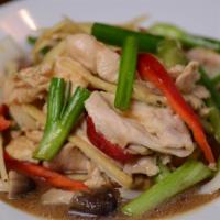 #47 Pad Khing. · Stir-fried chicken, pork, or beef with ginger, mushroom, bell pepper, green onion in our lig...
