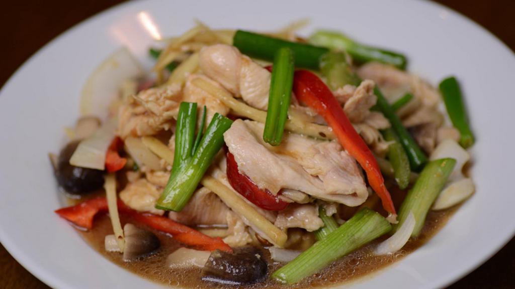 #47 Pad Khing. · Stir-fried chicken, pork, or beef with ginger, mushroom, bell pepper, green onion in our light brown black bean sauce.