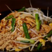 #62 Pad Thai. · A famous Thai House dish. Stir-fried thin rice noodles sautéed with beansprout, onion, egg, ...
