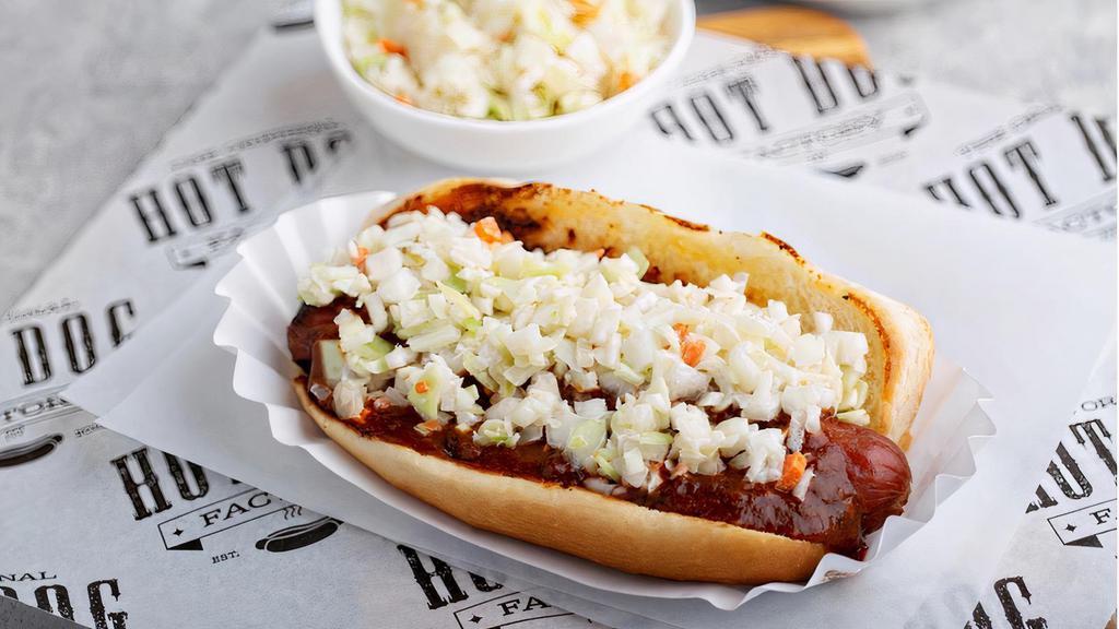Carolina Slaw Dog · Beef hot dog topped with factory chili and factory slaw.