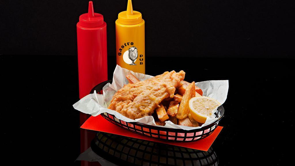 Fish And Chips · Crispy battered fish filet and french fries. Served with tartar sauce and coleslaw.