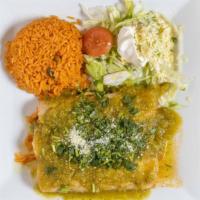 Enchiladas Verdes · Three chicken enchiladas covered with a green salad. Served with rice and sour cream salad.