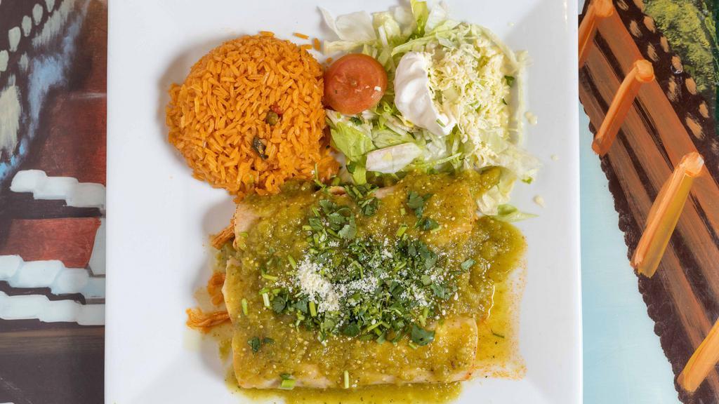 Enchiladas Verdes · Three chicken enchiladas covered with a green salad. Served with rice and sour cream salad.
