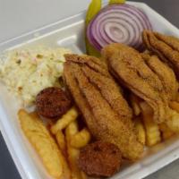 4Pc Catfish Basket · 4 Catfish Filets, Fries, Hush Puppies
pickle, onion and sauce.
Please let us know how you wa...