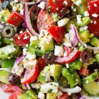 Greek Salad · Fresh lettuce, tomatoes, cucumbers, red onions, black olives, feta cheese, and Greek dressin...