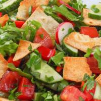Mediterranean Salad (Fatoosh) · Fresh Lettuce, tomatoes, cucumbers, fried pita bread and medeterian dressing. +3.25 add Gyro...