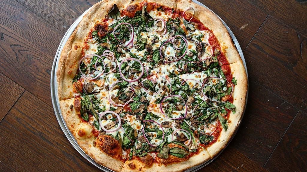 Spin N' Shroom · Spinach, marinated mushrooms, red onions, tomato sauce and mozzarella.