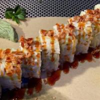 Virginia Beach Roll · On top cooked cabbage deep fried onion eel sauce. Inside tempura salmon, cucumber, avocado i...